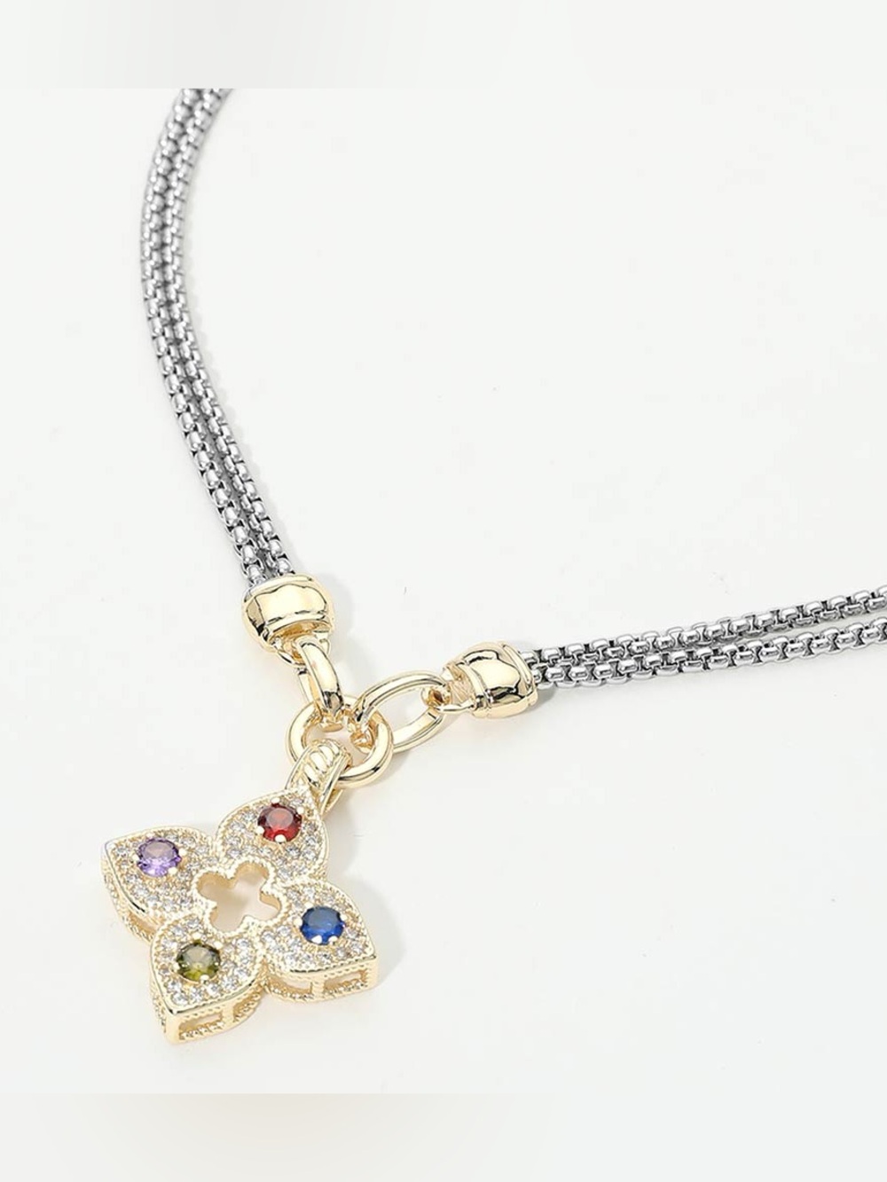 14K Gold Plated Colorful CZ Floral Pendant Double Chain Necklace